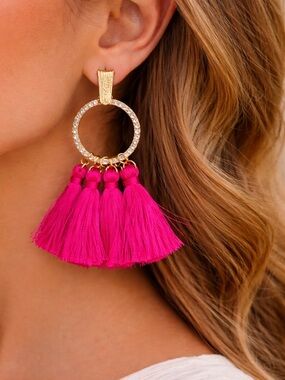 Ashlyn Rose Hot Pink Tassel Earrings Gold Rhinestone Hoop Statement